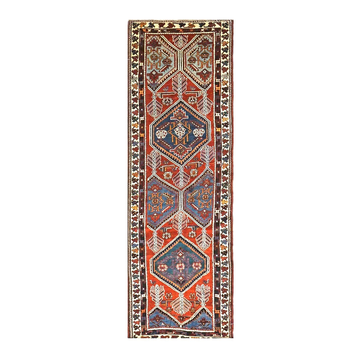 Antique Persian Azerbaijan Tribal Wool 3x10 Red & Blue Handmade Runner Rug #1141304