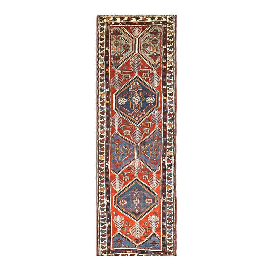 Antique Persian Azerbaijan Tribal Wool 3x10 Red & Blue Handmade Runner Rug #1141304