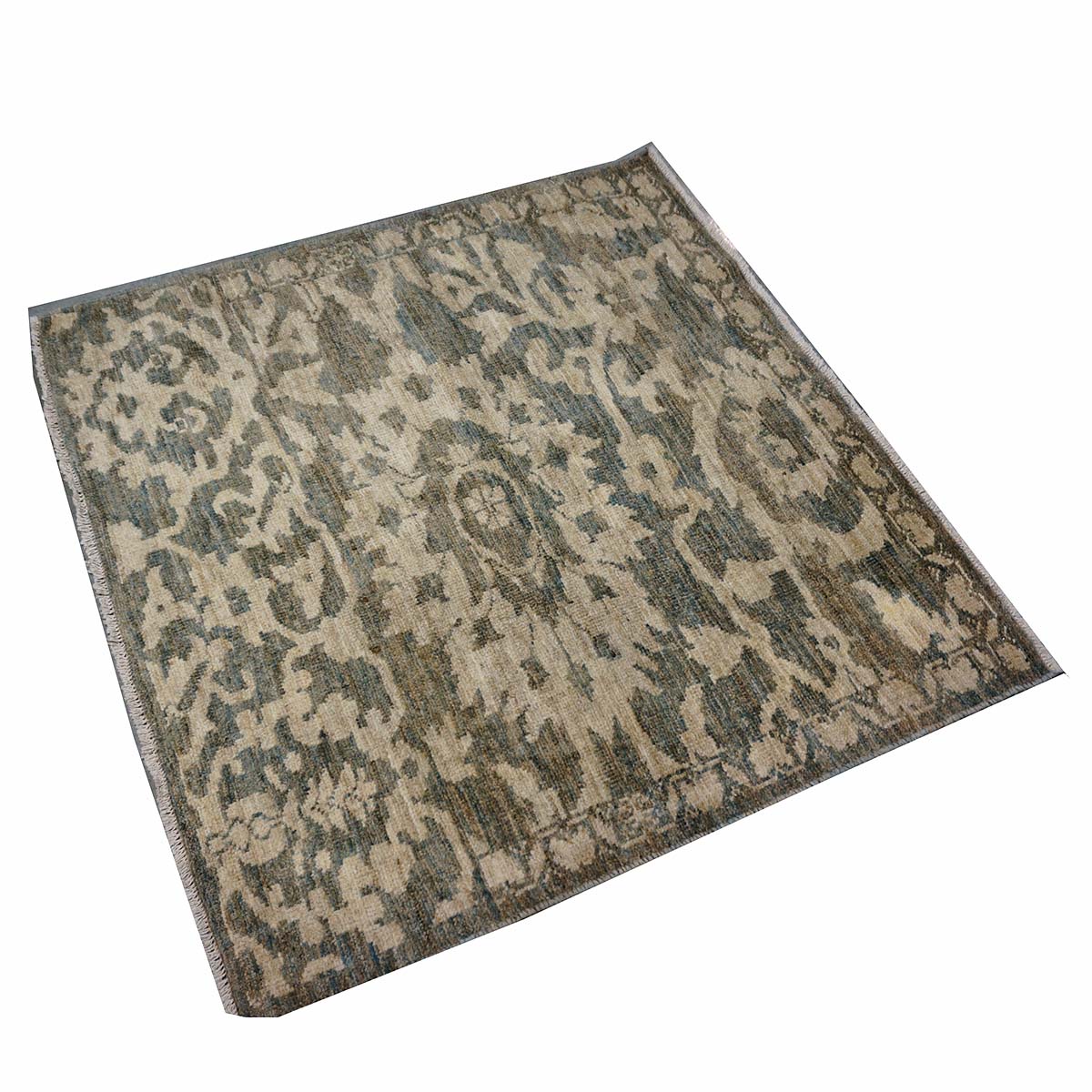 Persian Sultanabad Wool 4x4 Olive, Ivory & Slate Handmade Square Area Rug #1141337