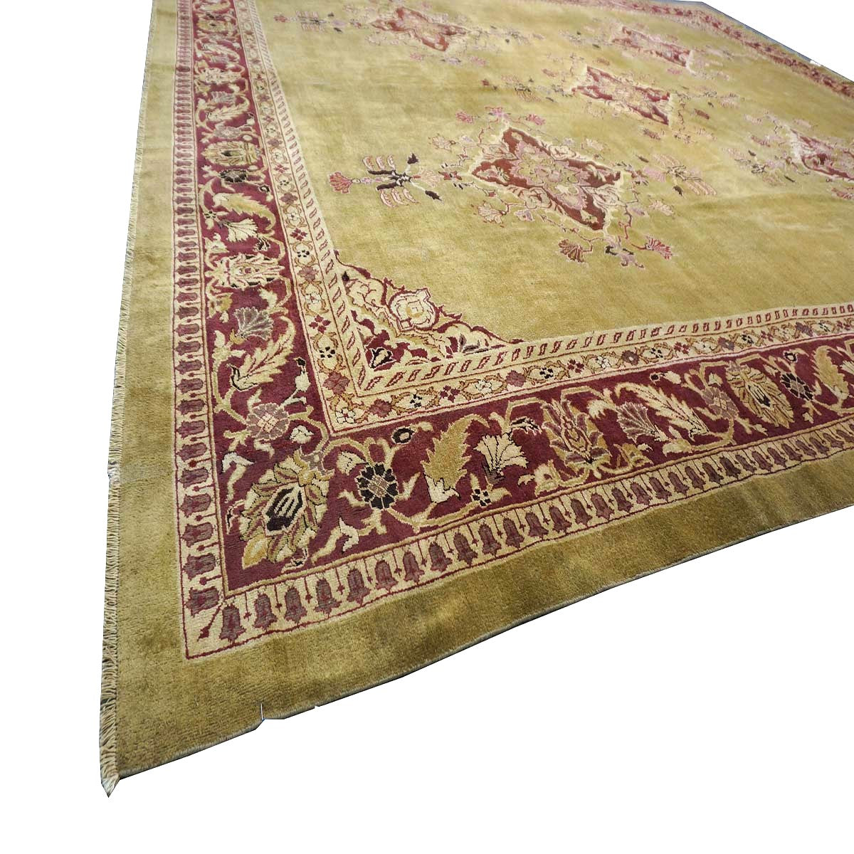 Antique Indian Amritsar Wool 14x16 Green & Red Handmade Area Rug #1141478