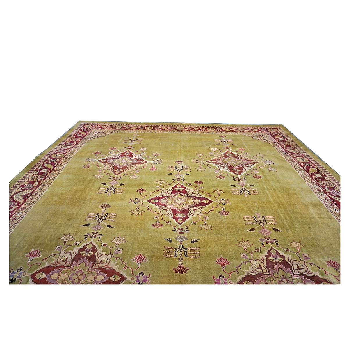 Antique Indian Amritsar Wool 14x16 Green & Red Handmade Area Rug #1141478