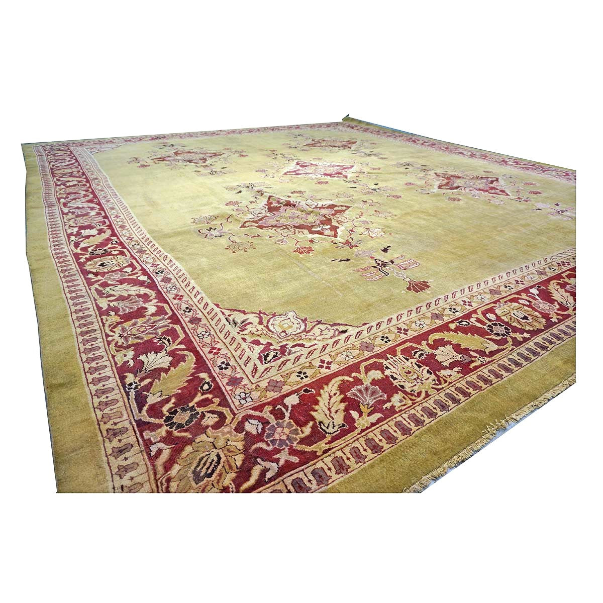 Antique Indian Amritsar Wool 14x16 Green & Red Handmade Area Rug #1141478