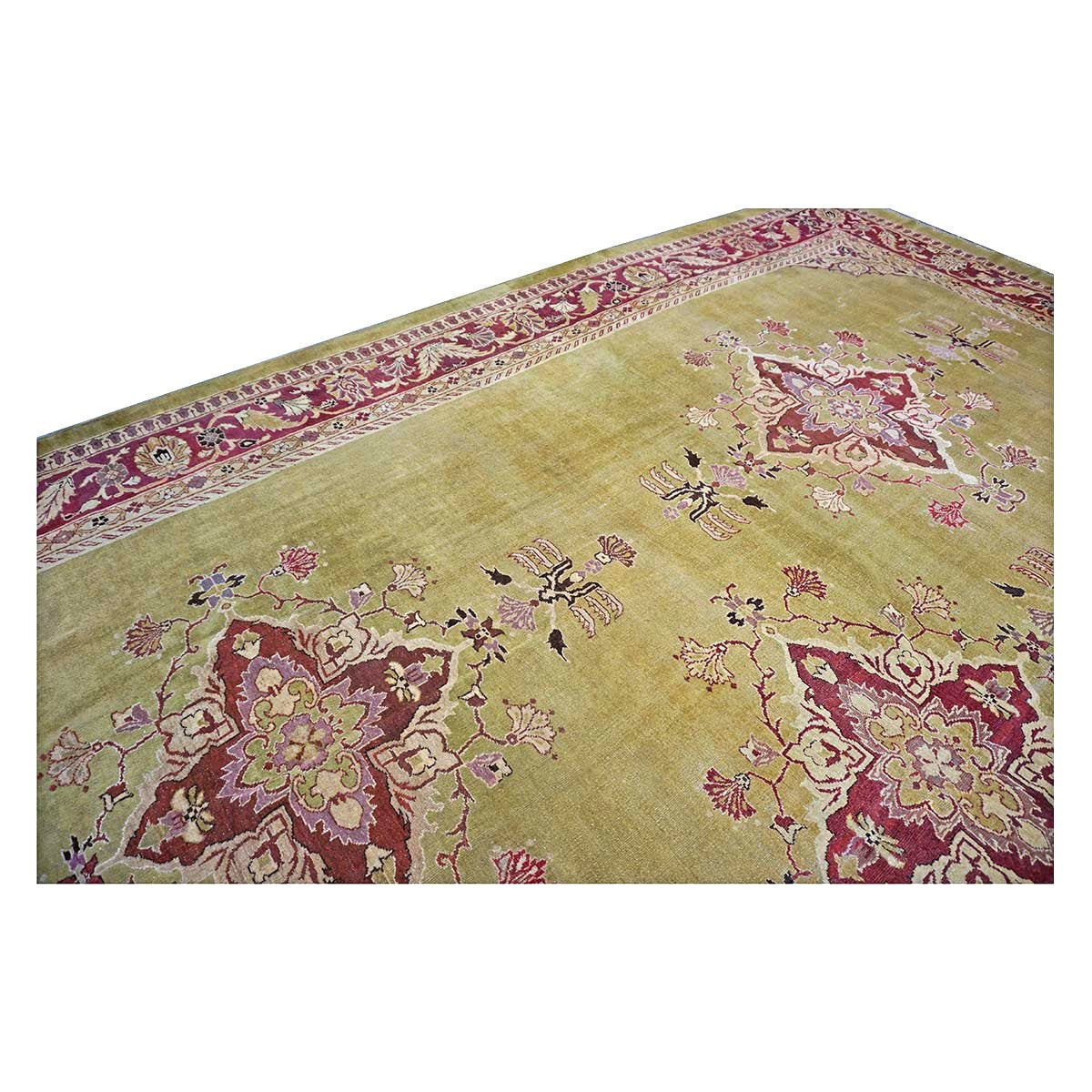 Antique Indian Amritsar Wool 14x16 Green & Red Handmade Area Rug #1141478