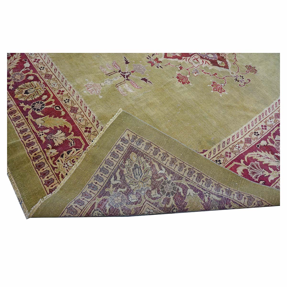 Antique Indian Amritsar Wool 14x16 Green & Red Handmade Area Rug #1141478