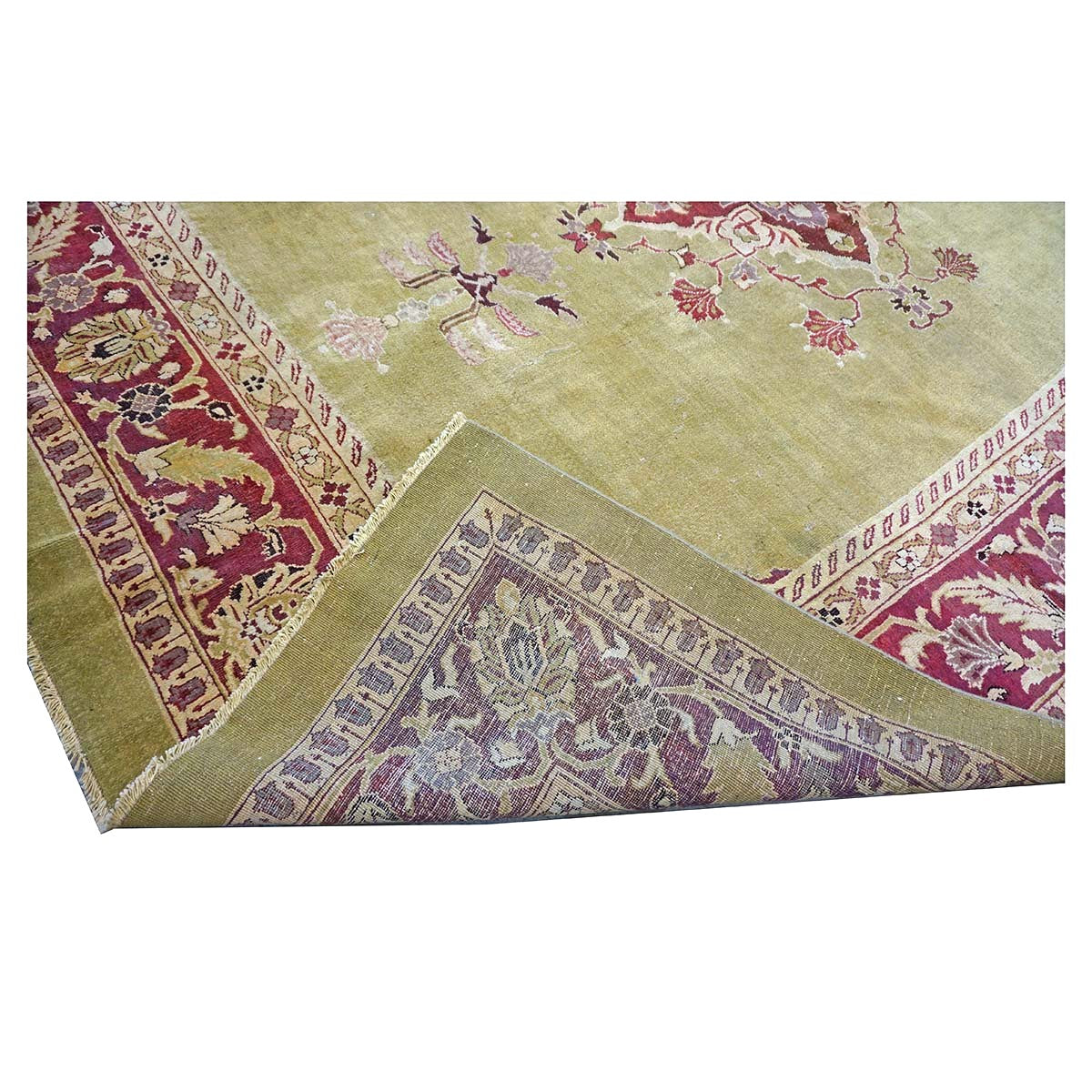 Antique Indian Amritsar Wool 14x16 Green & Red Handmade Area Rug #1141478