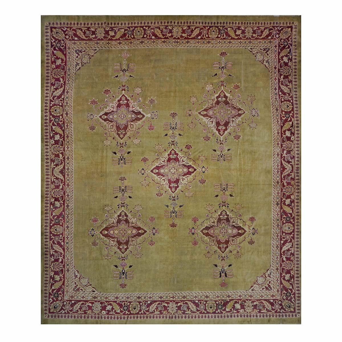 Antique Indian Amritsar Wool 14x16 Green & Red Handmade Area Rug #1141478