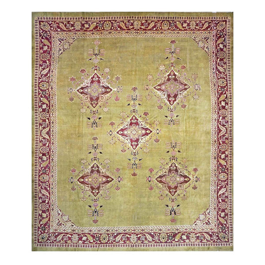Antique Indian Amritsar Wool 14x16 Green & Red Handmade Area Rug #1141478