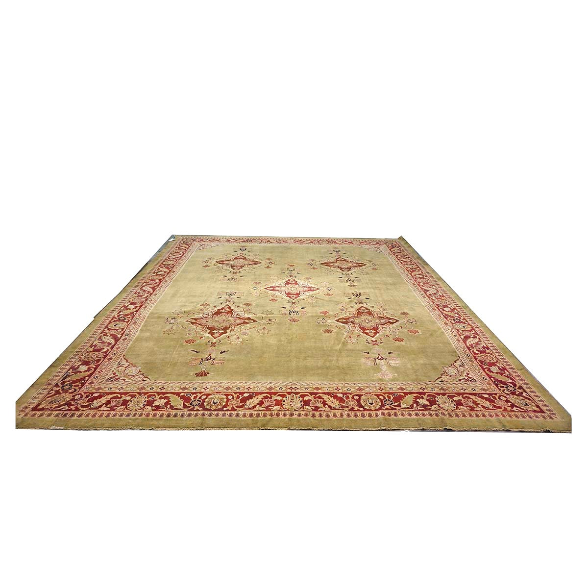 Antique Indian Amritsar Wool 14x16 Green & Red Handmade Area Rug #1141478