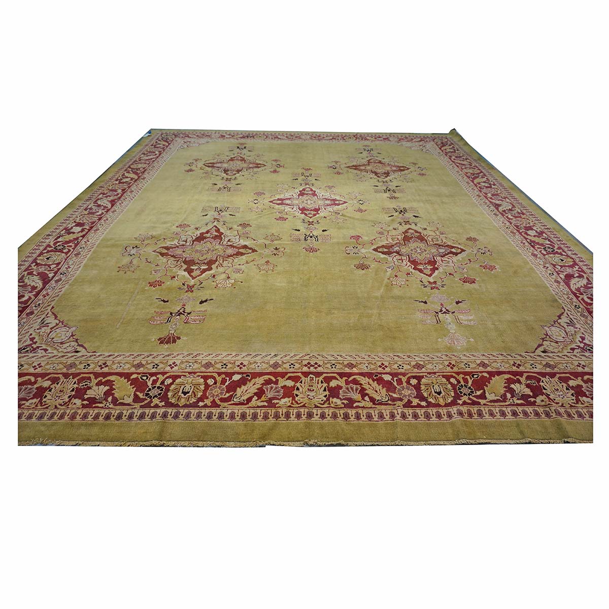 Antique Indian Amritsar Wool 14x16 Green & Red Handmade Area Rug #1141478