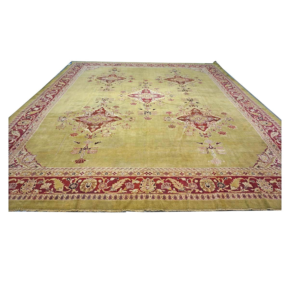 Antique Indian Amritsar Wool 14x16 Green & Red Handmade Area Rug #1141478