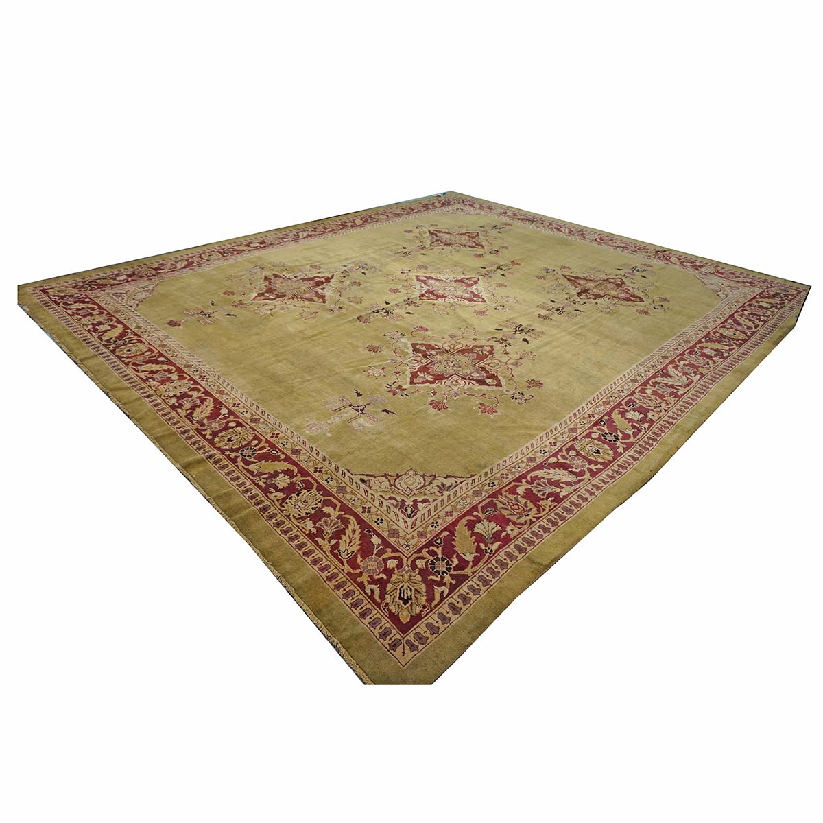 Antique Indian Amritsar Wool 14x16 Green & Red Handmade Area Rug #1141478
