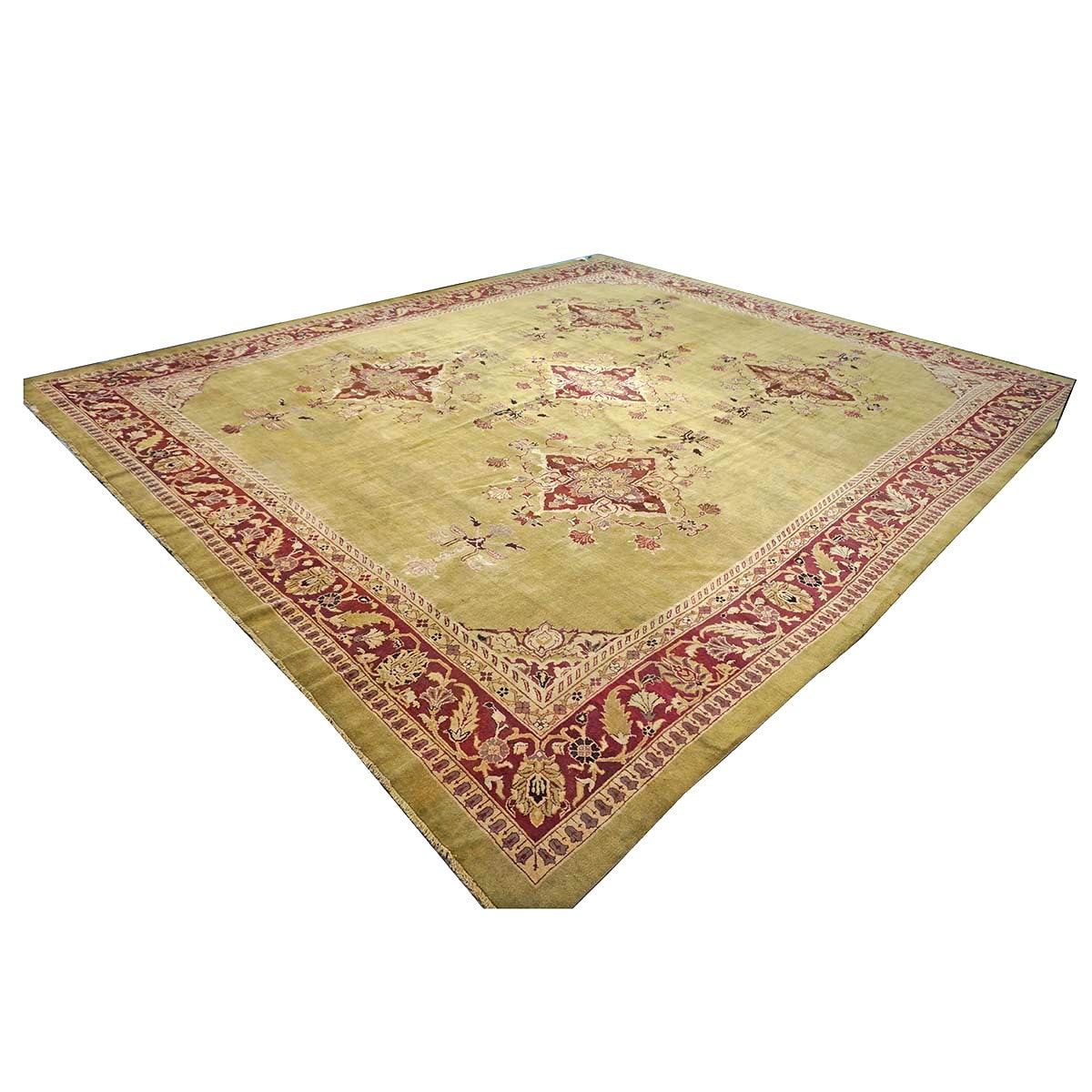 Antique Indian Amritsar Wool 14x16 Green & Red Handmade Area Rug #1141478