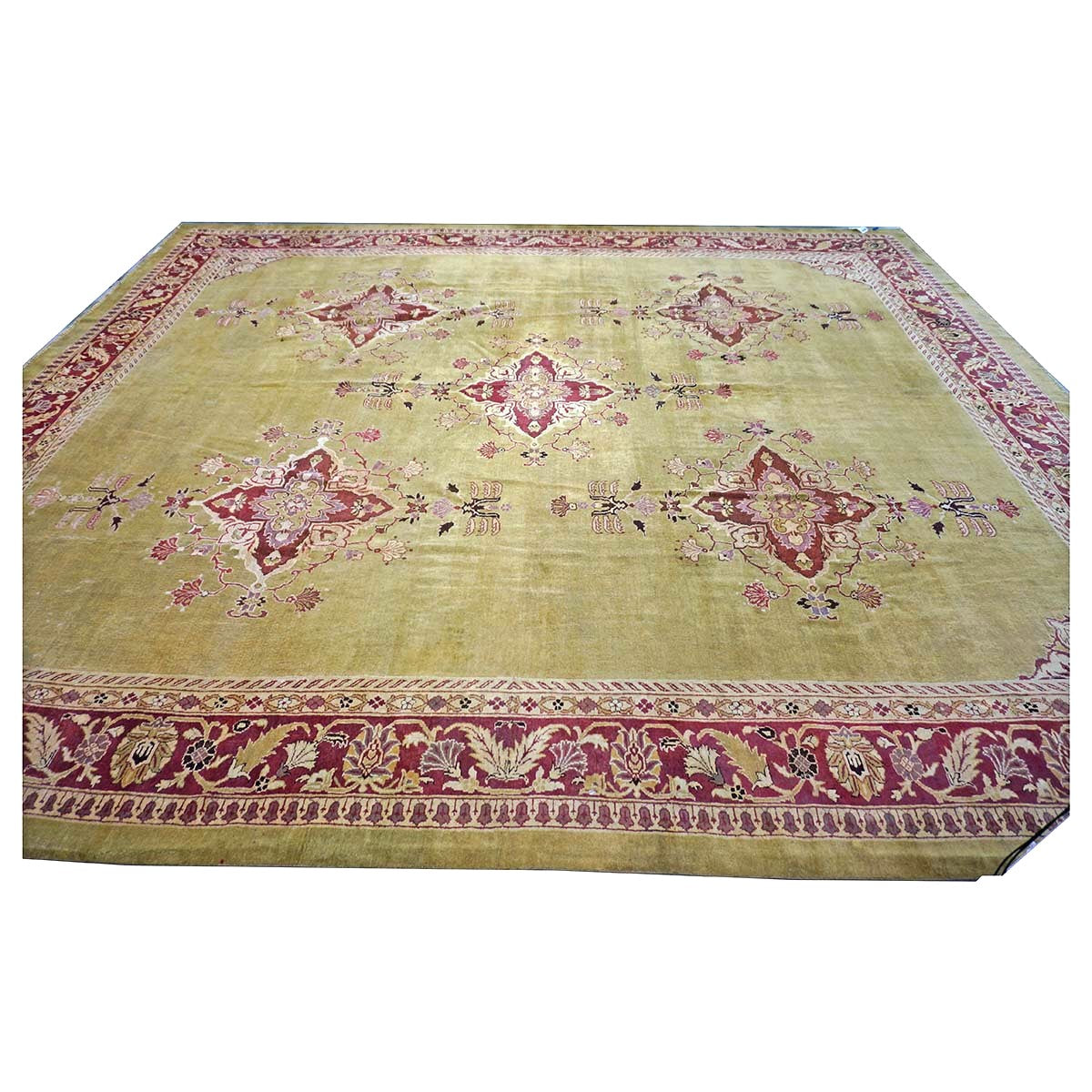 Antique Indian Amritsar Wool 14x16 Green & Red Handmade Area Rug #1141478