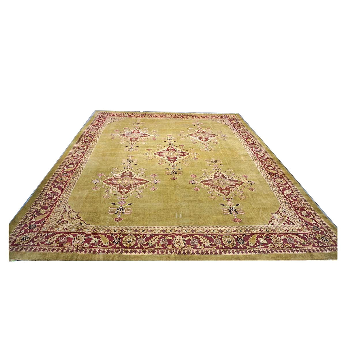 Antique Indian Amritsar Wool 14x16 Green & Red Handmade Area Rug #1141478