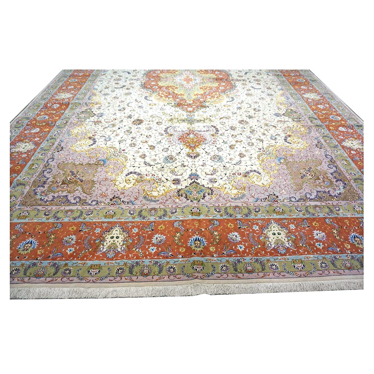 Persian Tabriz Wool 13x20 Ivory, Salmon, Pink & Green Handmade Oversized Area Rug #1141494