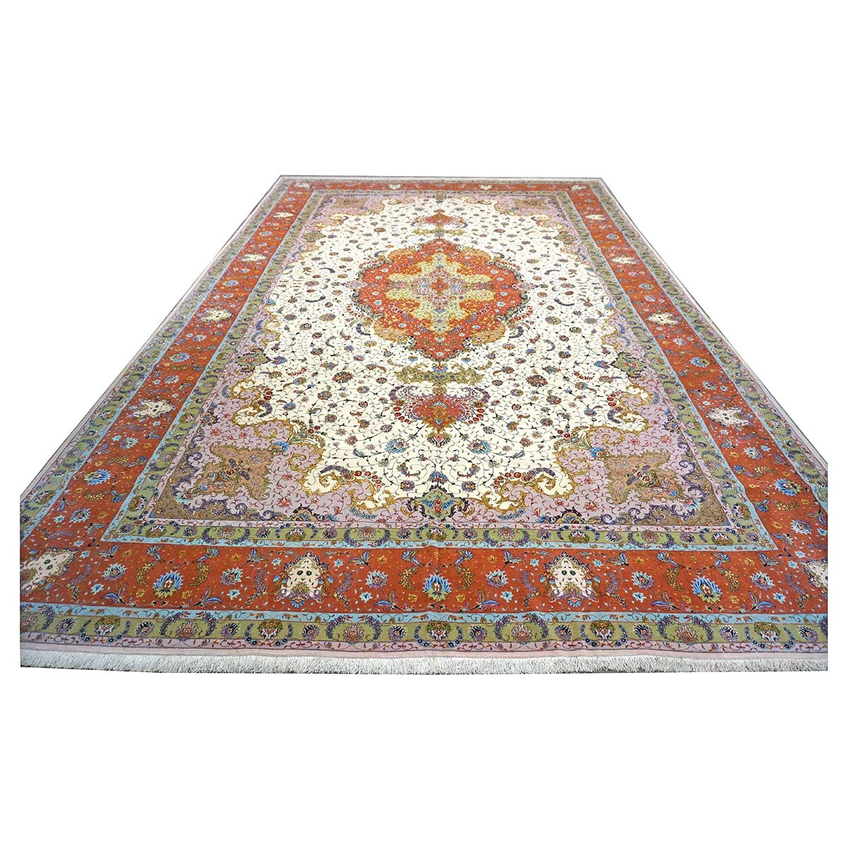 Persian Tabriz Wool 13x20 Ivory, Salmon, Pink & Green Handmade Oversized Area Rug #1141494