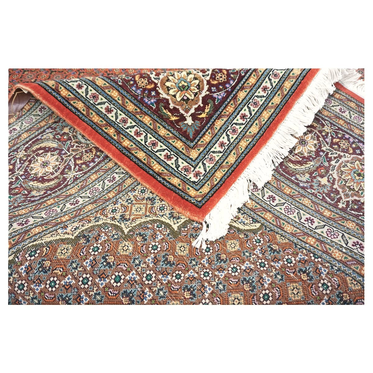 Persian Tabriz Mahi Wool & Silk 7x10 Terrecota, Ivory & Burgundy Handmade Area Rug #1141498