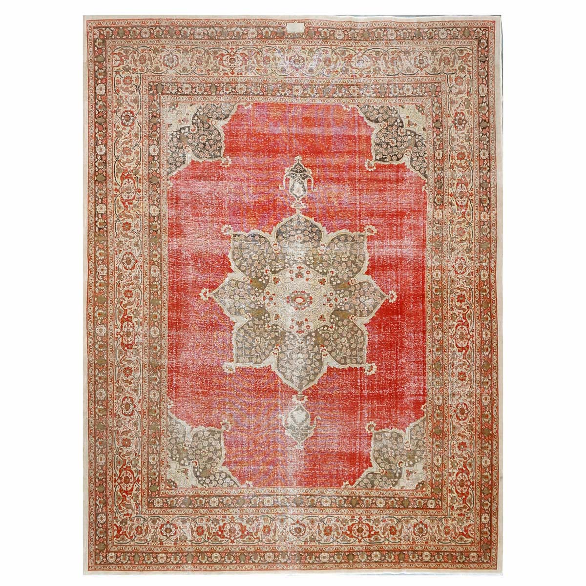 Antique Persian Tabriz Haji Jalili Wool 9x13 Red, Olive & Tan Handmade Area Rug #1142129