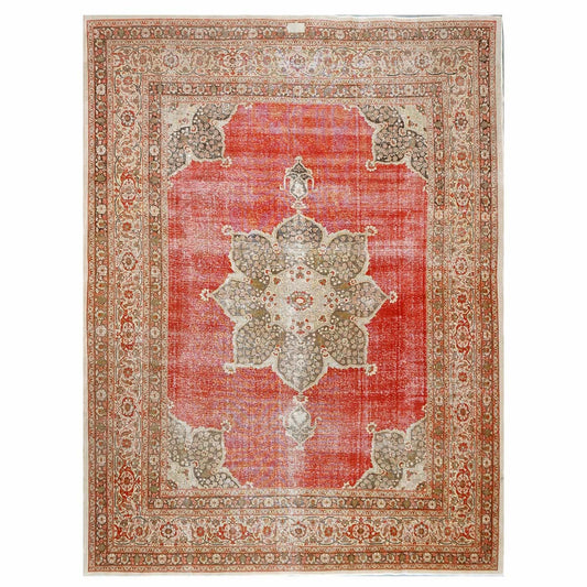 Antique Persian Tabriz Haji Jalili Wool 9x13 Red, Olive & Tan Handmade Area Rug #1142129