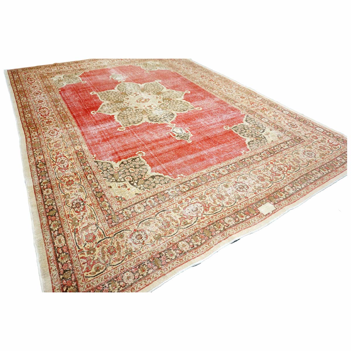 Antique Persian Tabriz Haji Jalili Wool 9x13 Red, Olive & Tan Handmade Area Rug #1142129