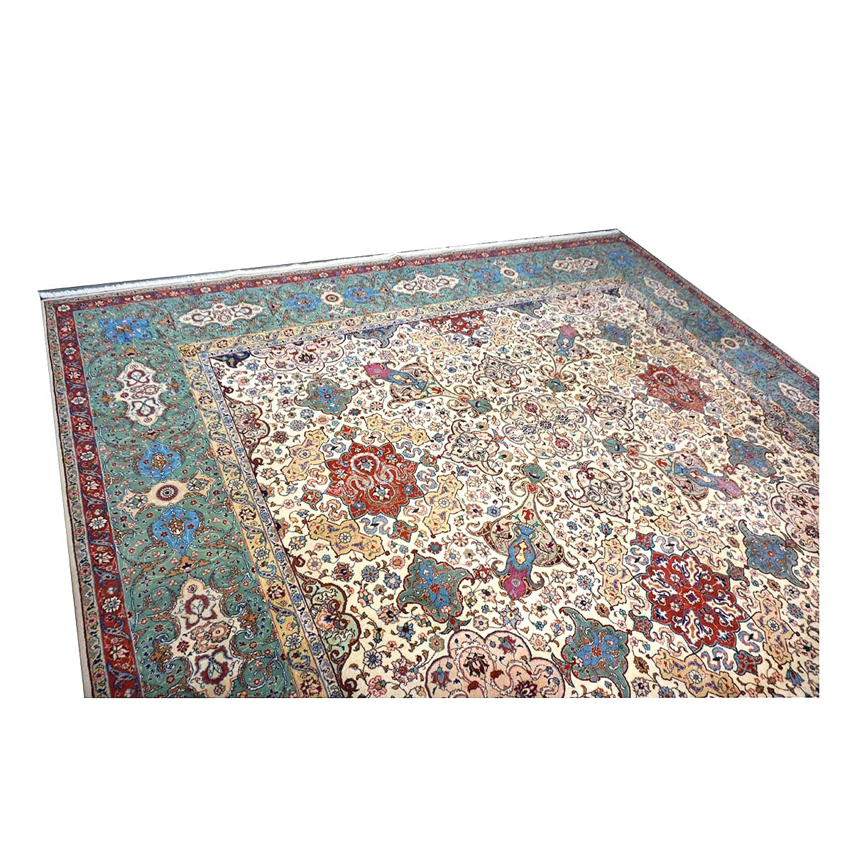 Antique Persian Tabriz Wool 11x15 Ivory & Teal Handmade Area Rug #1142330