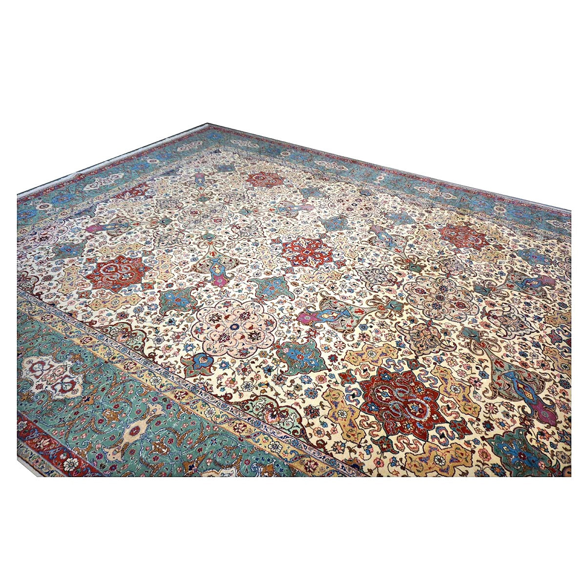 Antique Persian Tabriz Wool 11x15 Ivory & Teal Handmade Area Rug #1142330