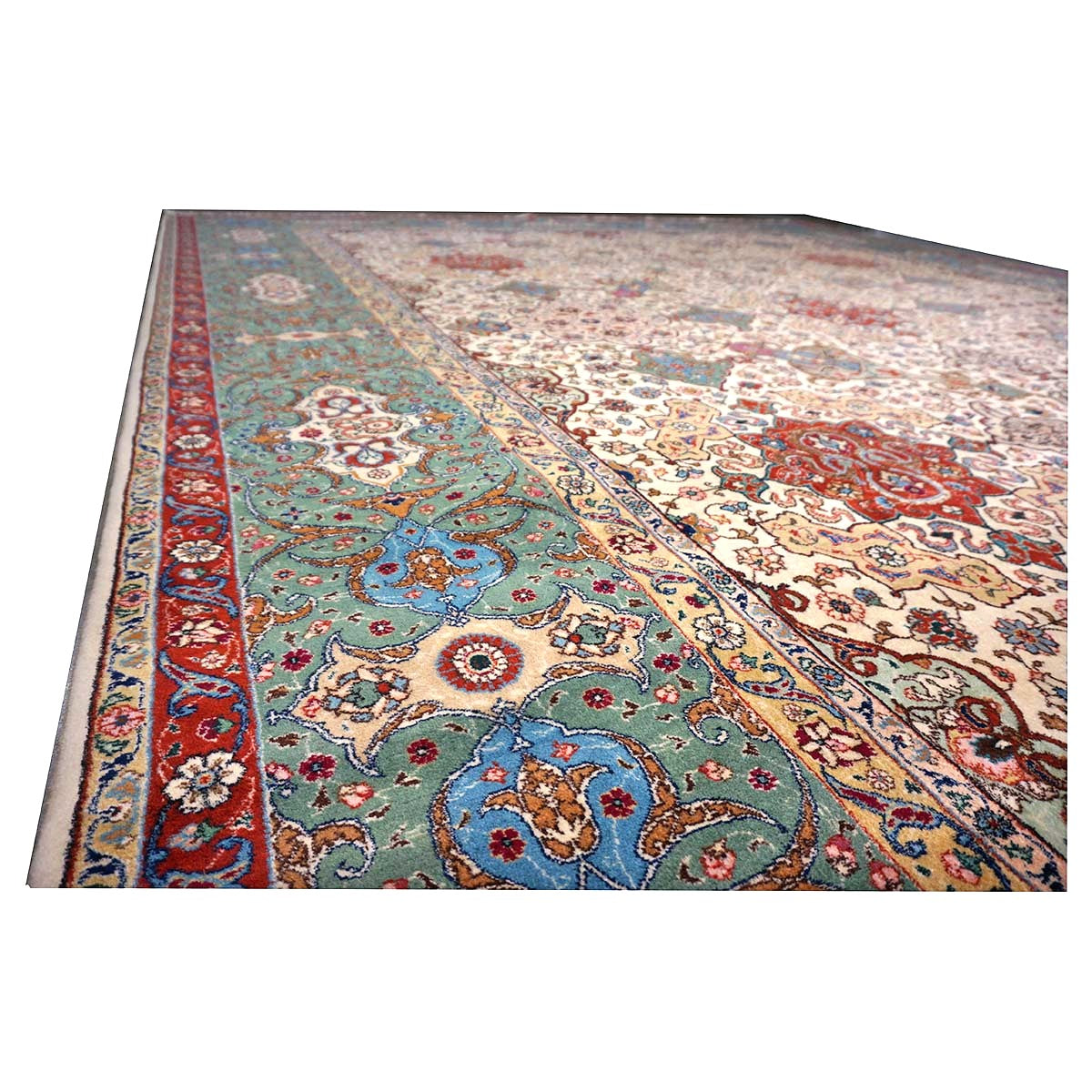 Antique Persian Tabriz Wool 11x15 Ivory & Teal Handmade Area Rug #1142330