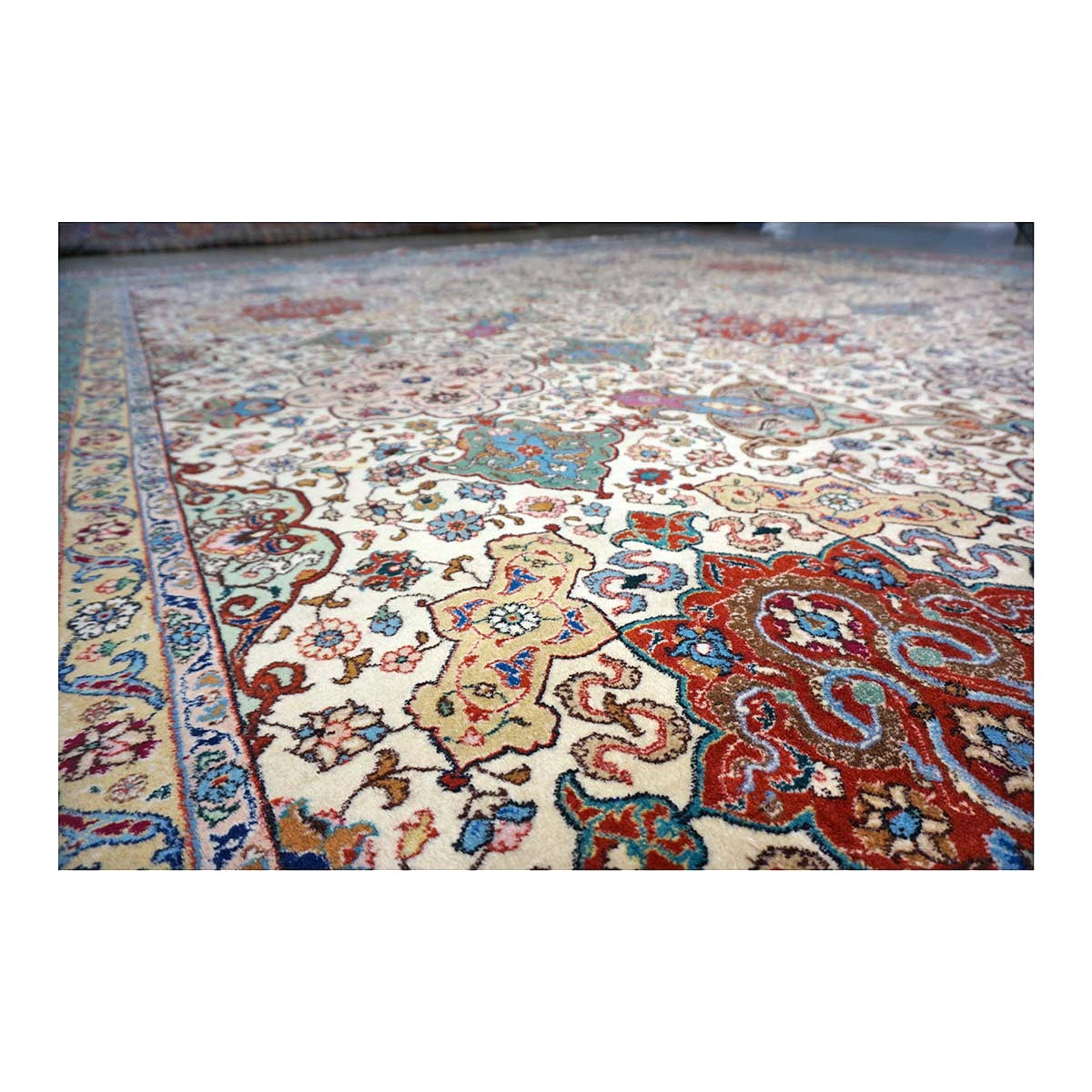 Antique Persian Tabriz Wool 11x15 Ivory & Teal Handmade Area Rug #1142330