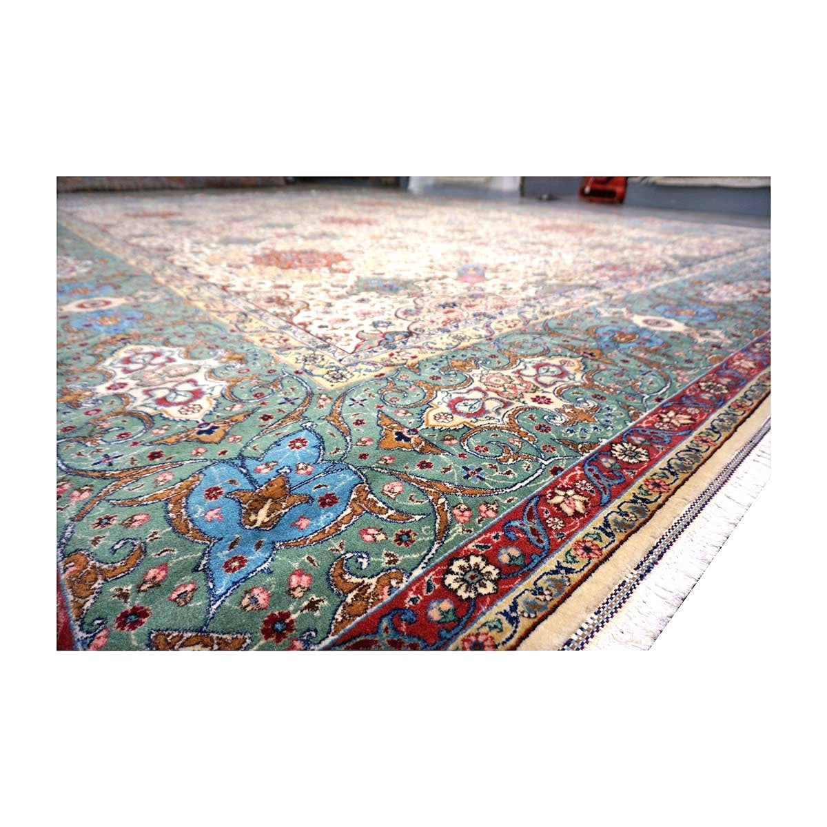 Antique Persian Tabriz Wool 11x15 Ivory & Teal Handmade Area Rug #1142330