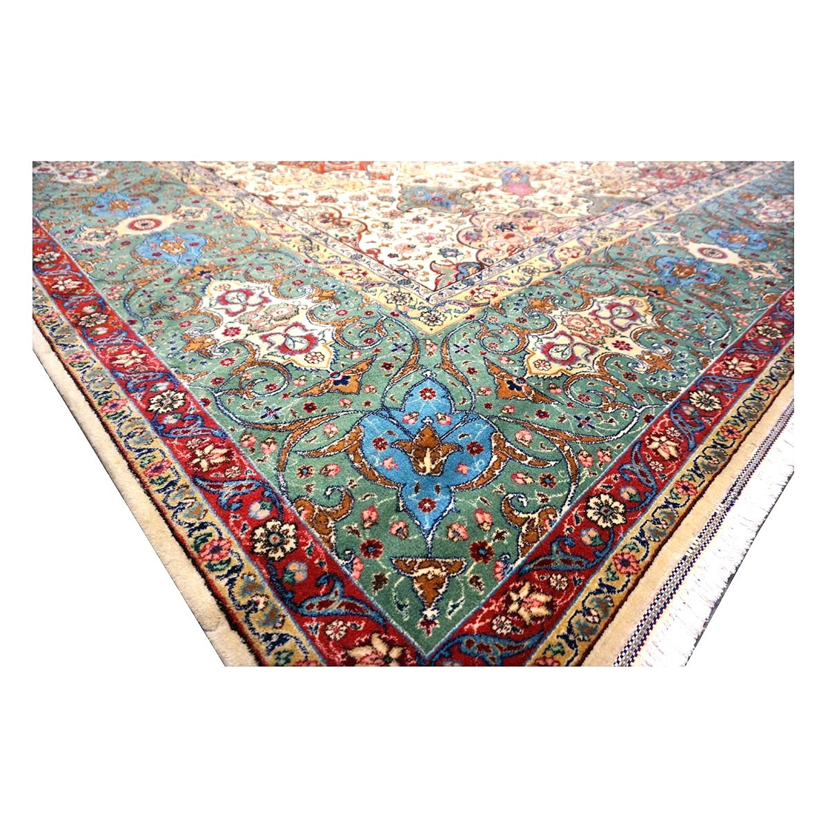Antique Persian Tabriz Wool 11x15 Ivory & Teal Handmade Area Rug #1142330