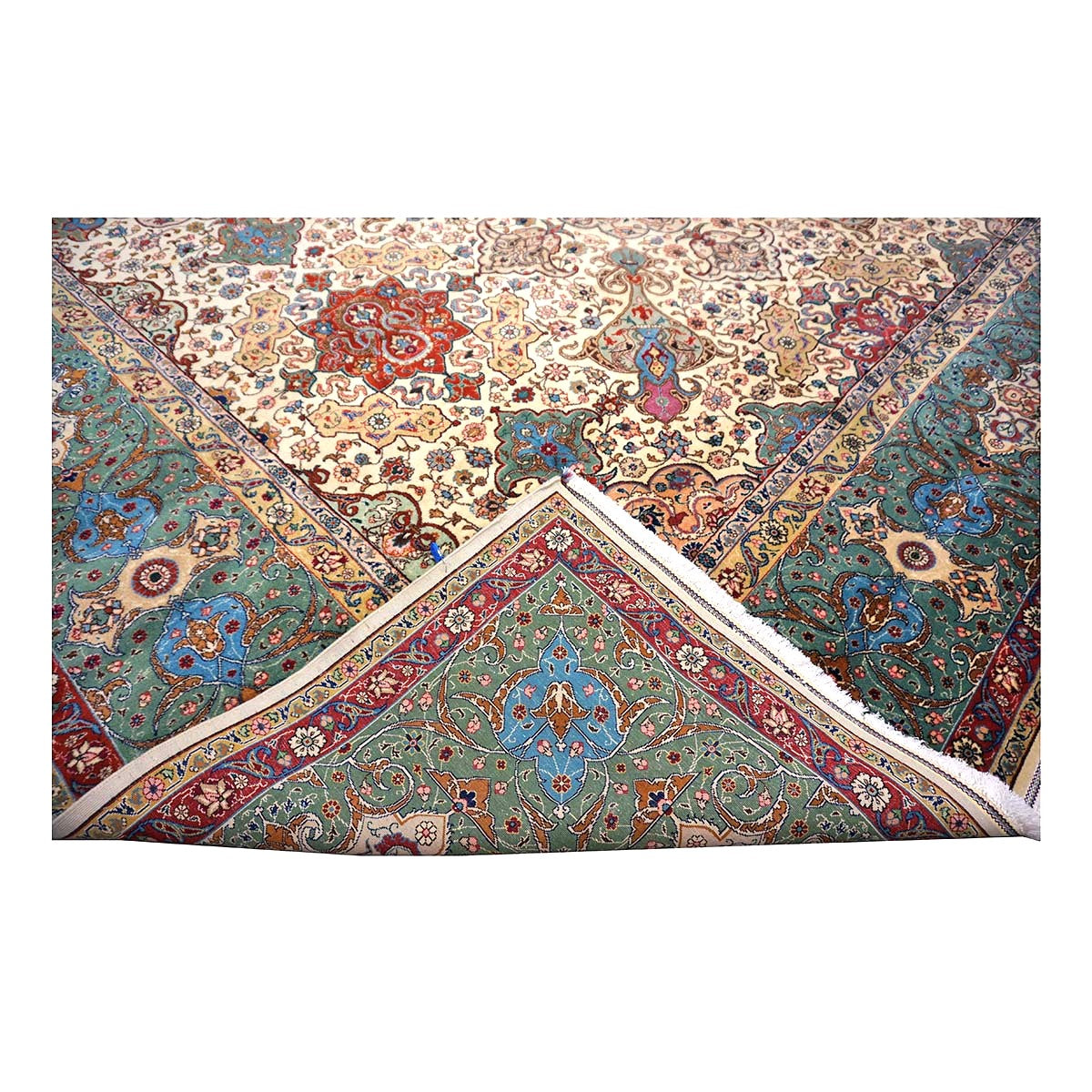Antique Persian Tabriz Wool 11x15 Ivory & Teal Handmade Area Rug #1142330