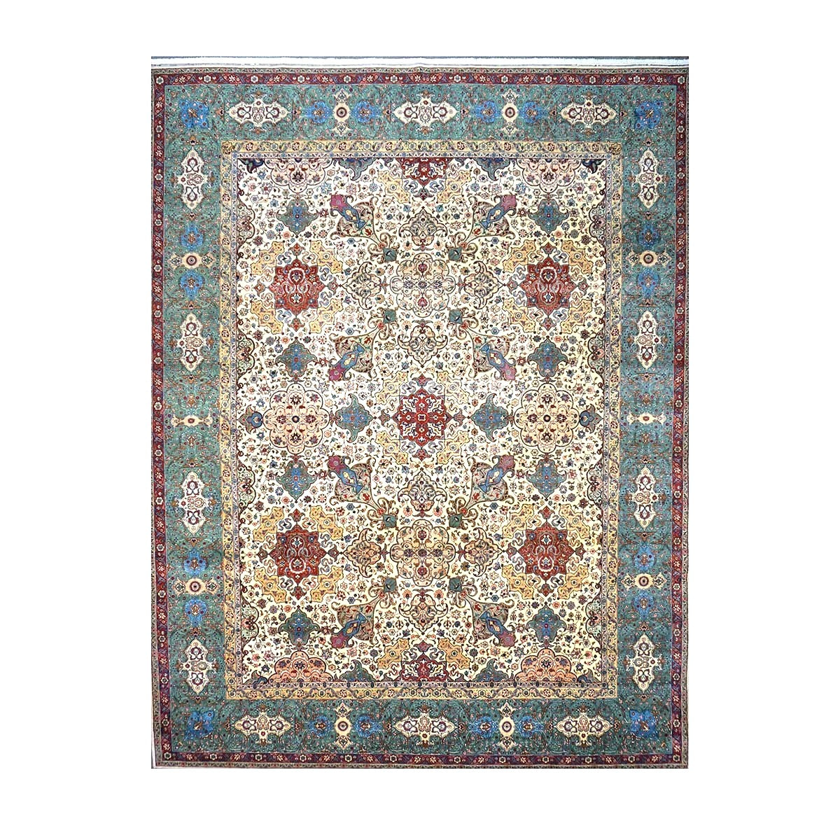 Antique Persian Tabriz Wool 11x15 Ivory & Teal Handmade Area Rug #1142330