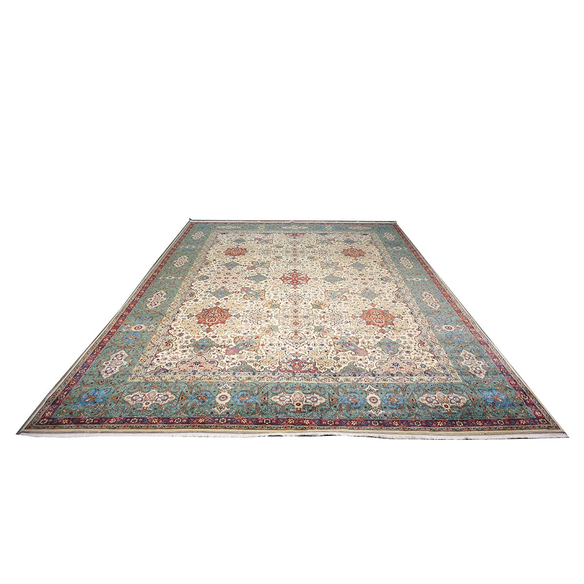 Antique Persian Tabriz Wool 11x15 Ivory & Teal Handmade Area Rug #1142330