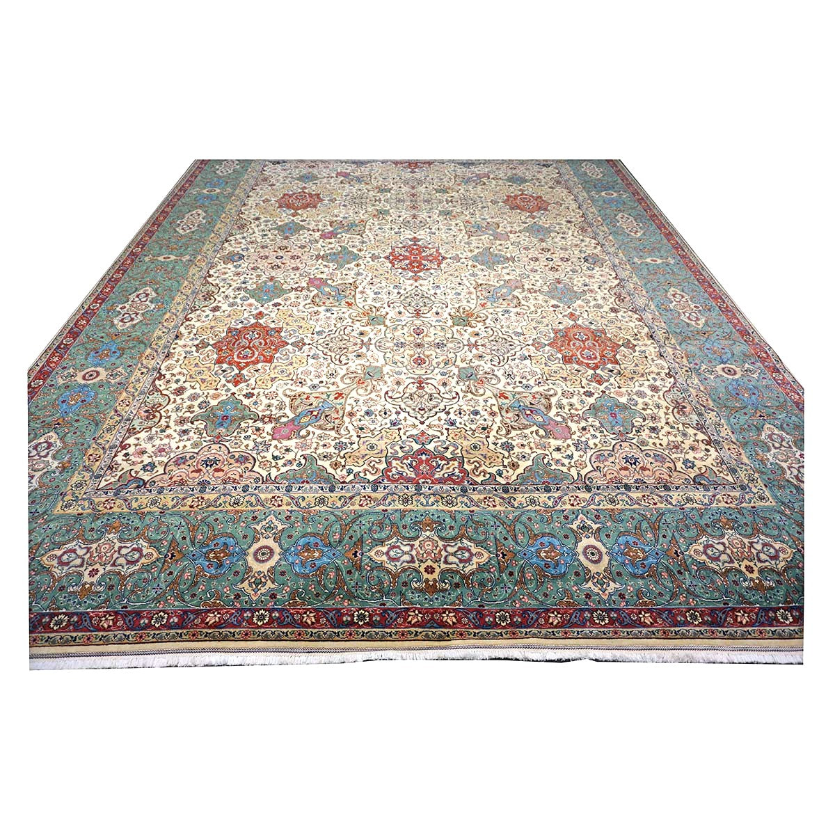 Antique Persian Tabriz Wool 11x15 Ivory & Teal Handmade Area Rug #1142330