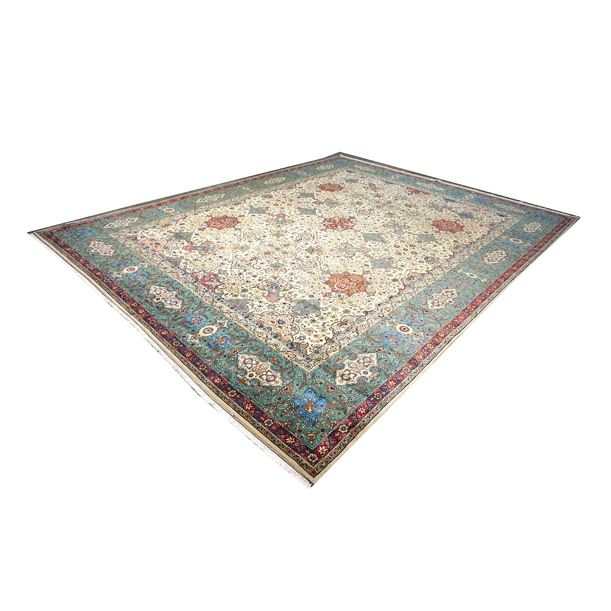 Antique Persian Tabriz Wool 11x15 Ivory & Teal Handmade Area Rug #1142330