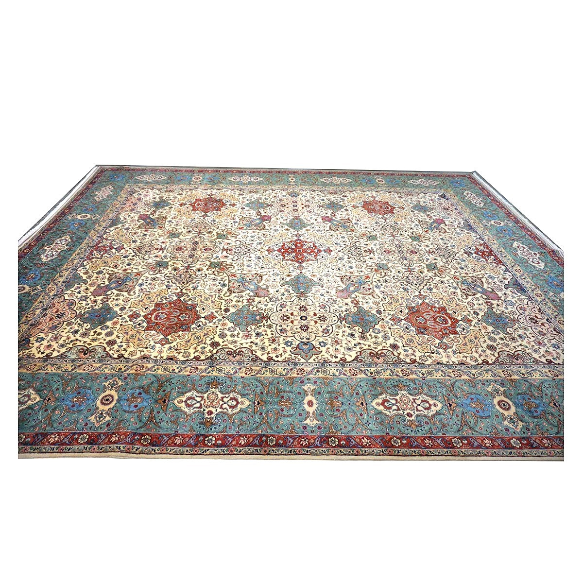 Antique Persian Tabriz Wool 11x15 Ivory & Teal Handmade Area Rug #1142330