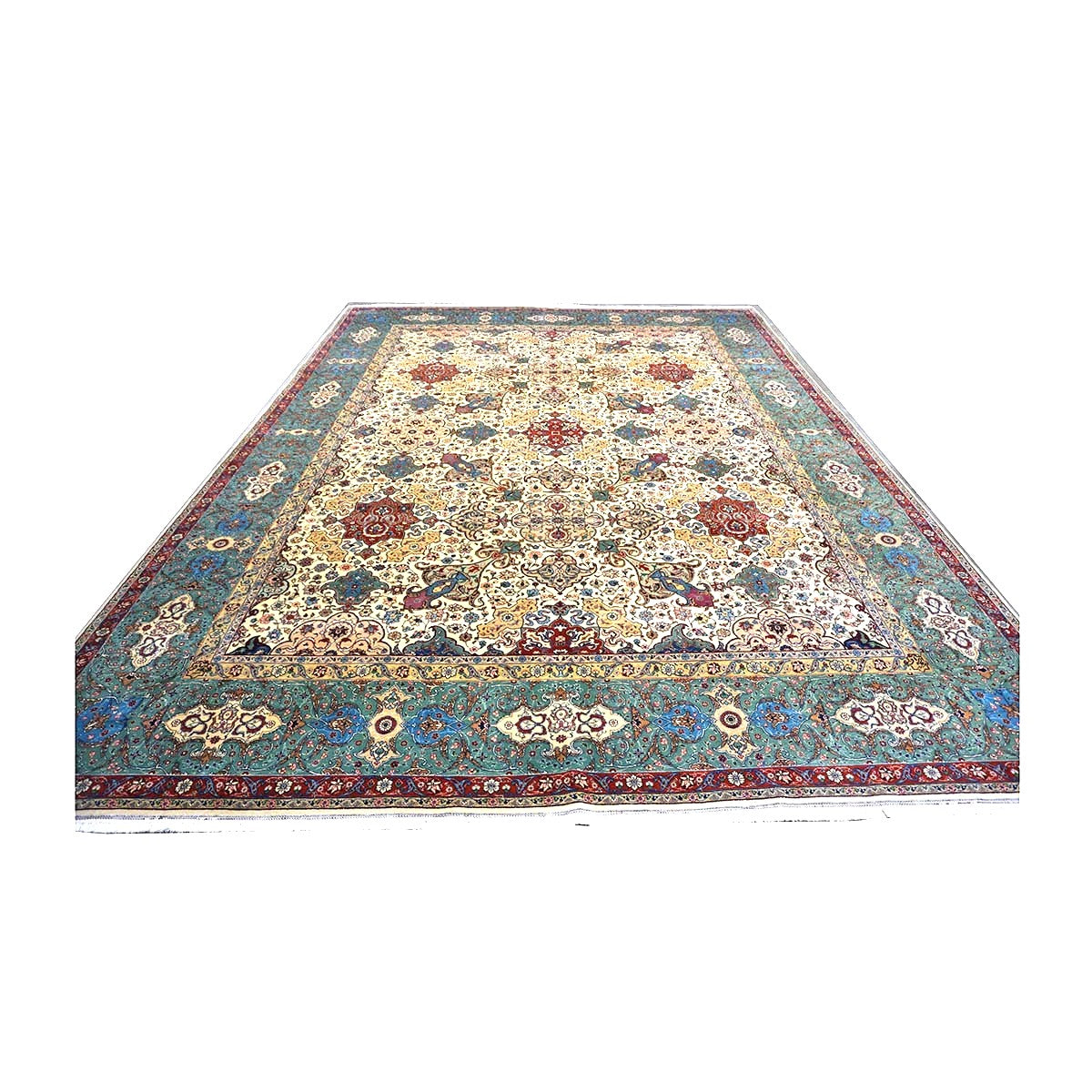 Antique Persian Tabriz Wool 11x15 Ivory & Teal Handmade Area Rug #1142330