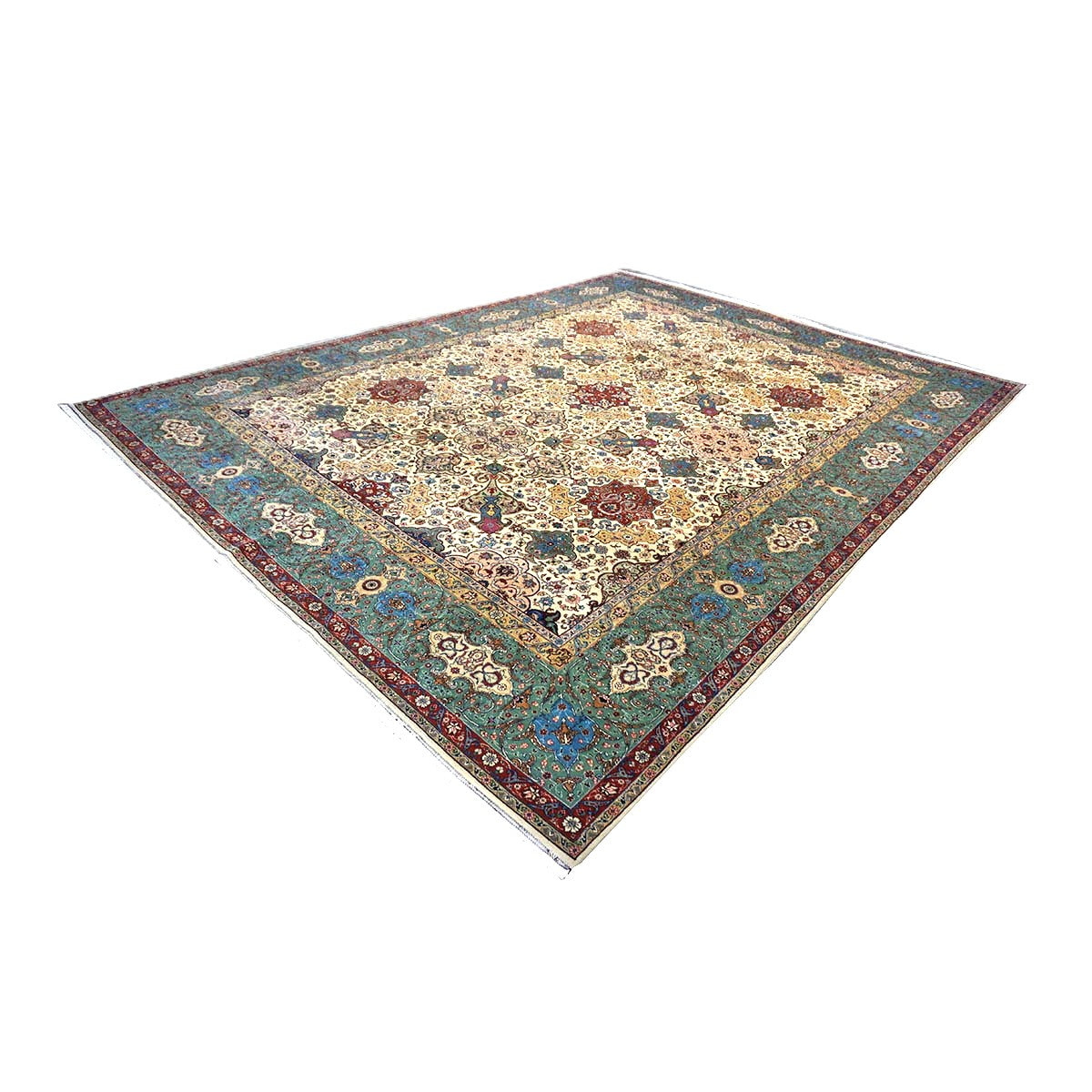 Antique Persian Tabriz Wool 11x15 Ivory & Teal Handmade Area Rug #1142330