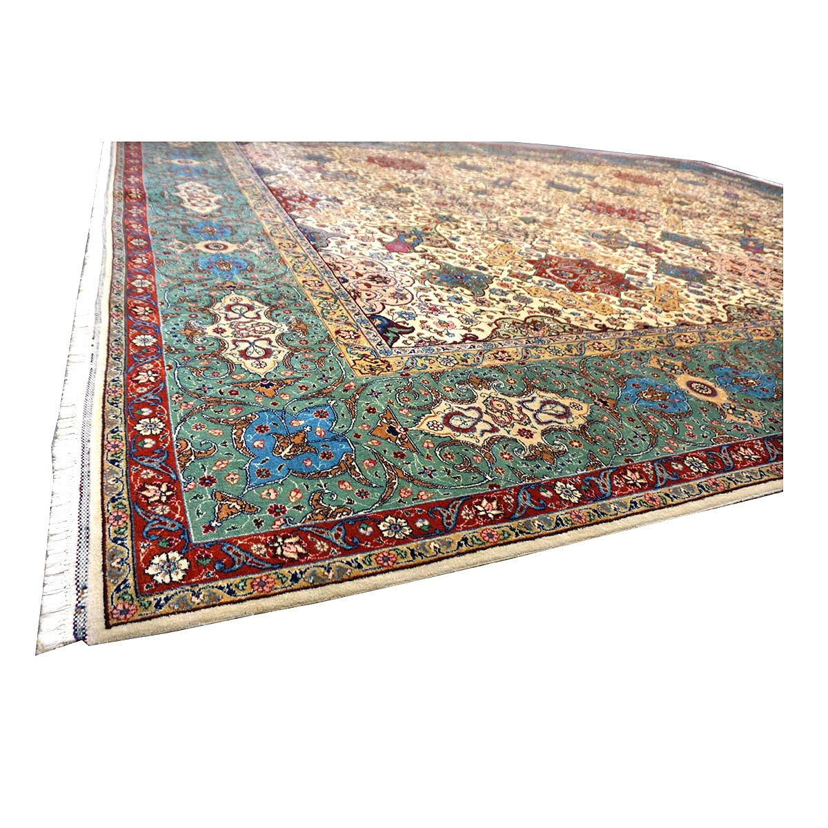 Antique Persian Tabriz Wool 11x15 Ivory & Teal Handmade Area Rug #1142330