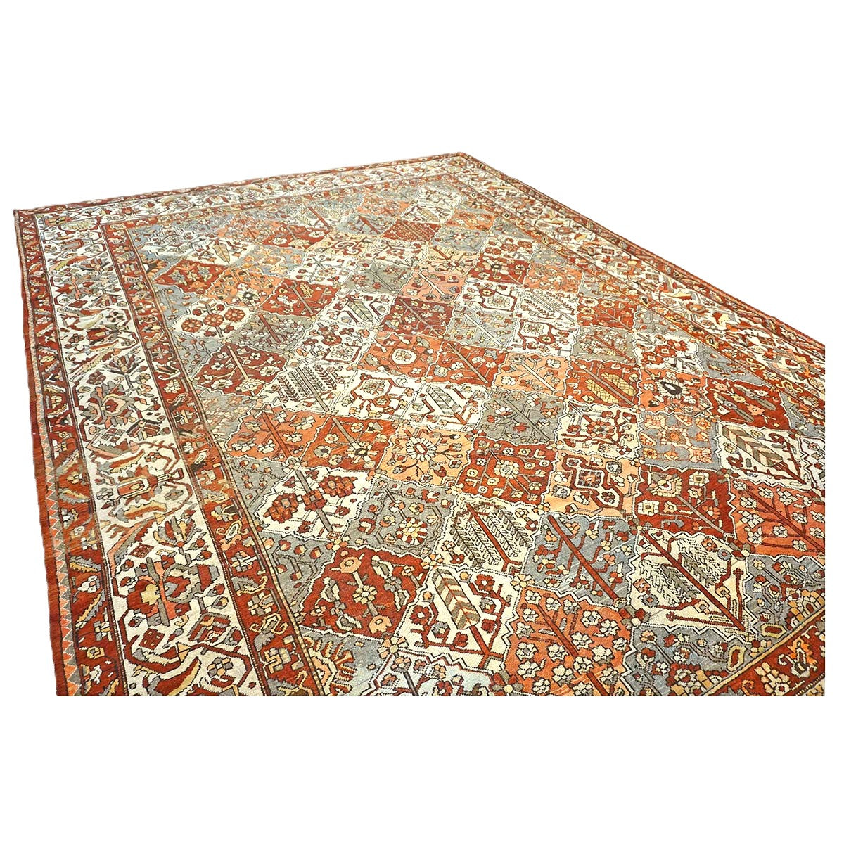 Antique Persian Baktiari Wool 12x16 Ivory, Red & Slate Handmade Area Rug #1142573