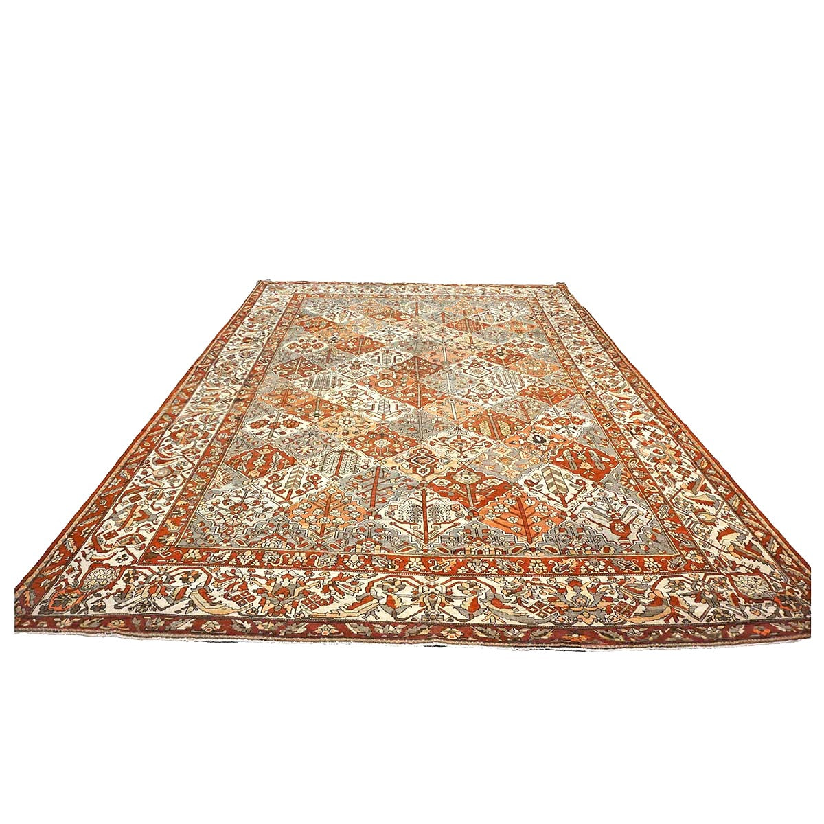 Antique Persian Baktiari Wool 12x16 Ivory, Red & Slate Handmade Area Rug #1142573