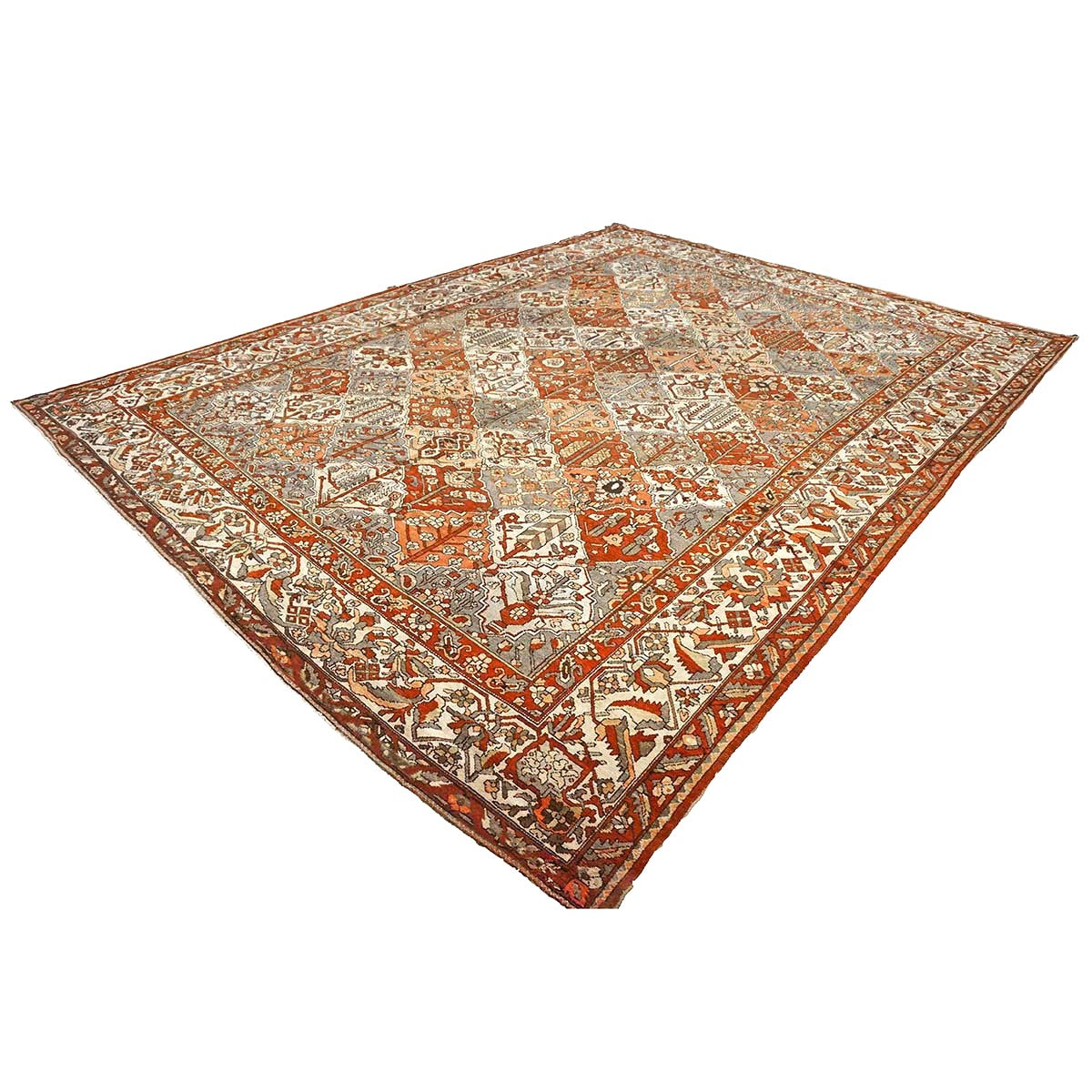 Antique Persian Baktiari Wool 12x16 Ivory, Red & Slate Handmade Area Rug #1142573