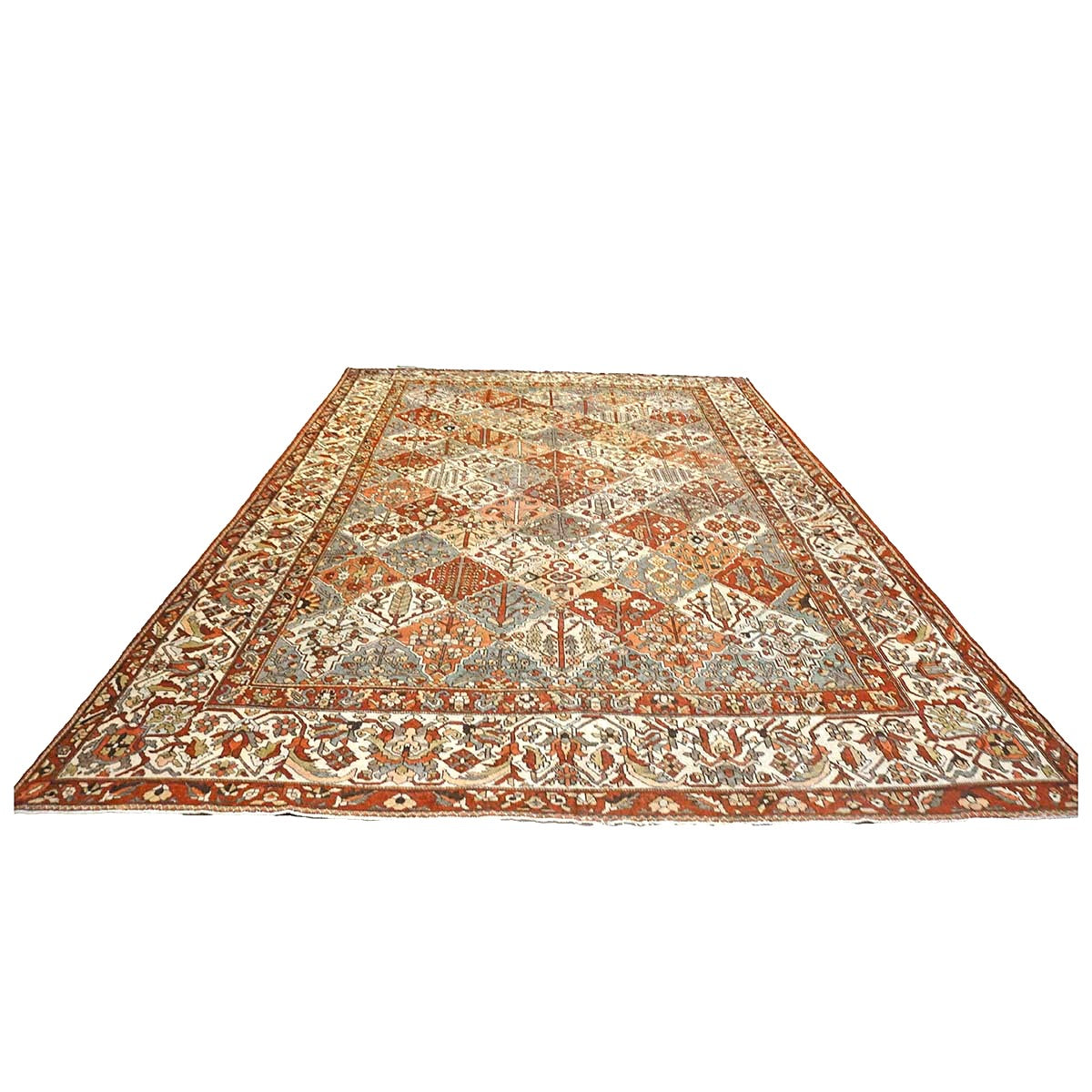 Antique Persian Baktiari Wool 12x16 Ivory, Red & Slate Handmade Area Rug #1142573