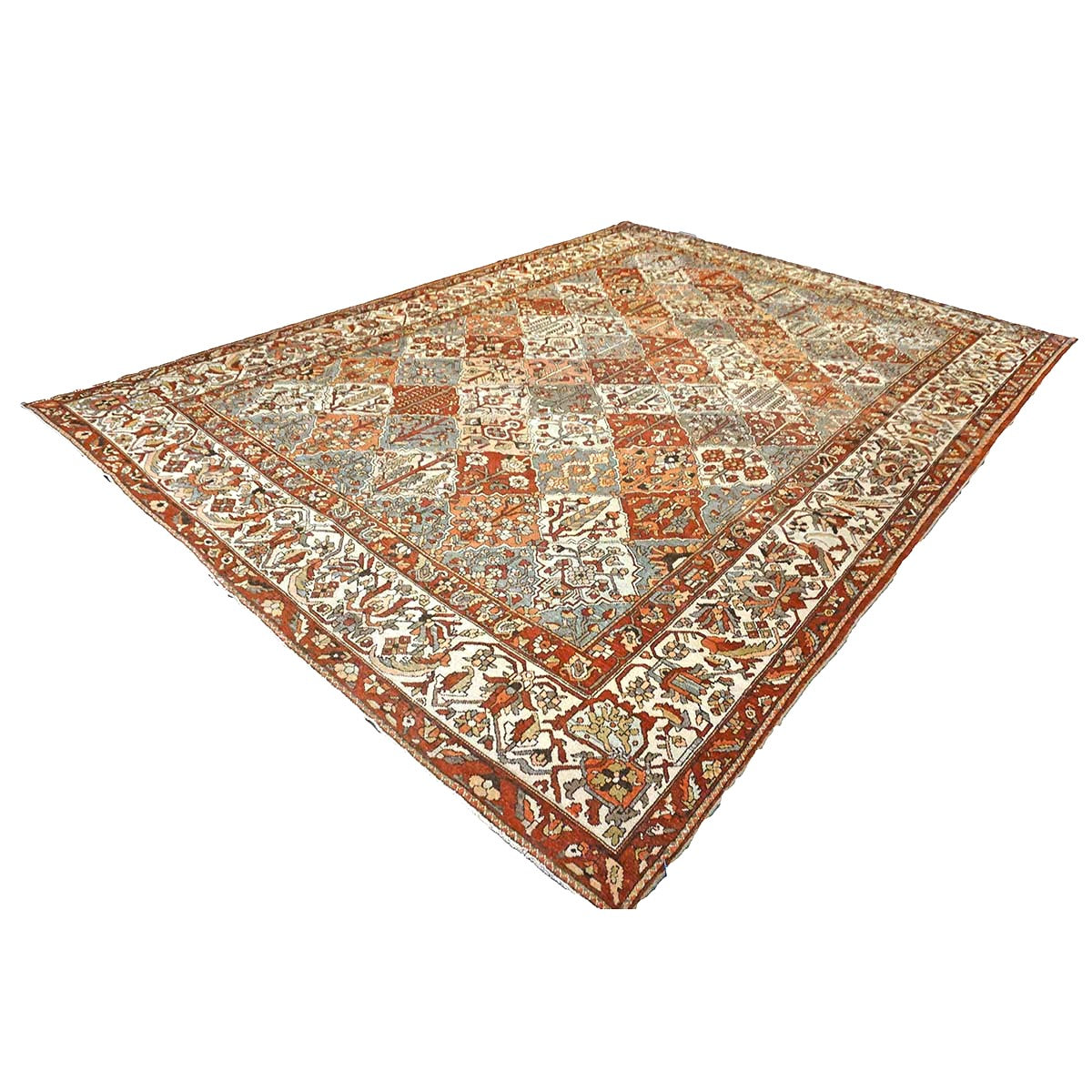 Antique Persian Baktiari Wool 12x16 Ivory, Red & Slate Handmade Area Rug #1142573