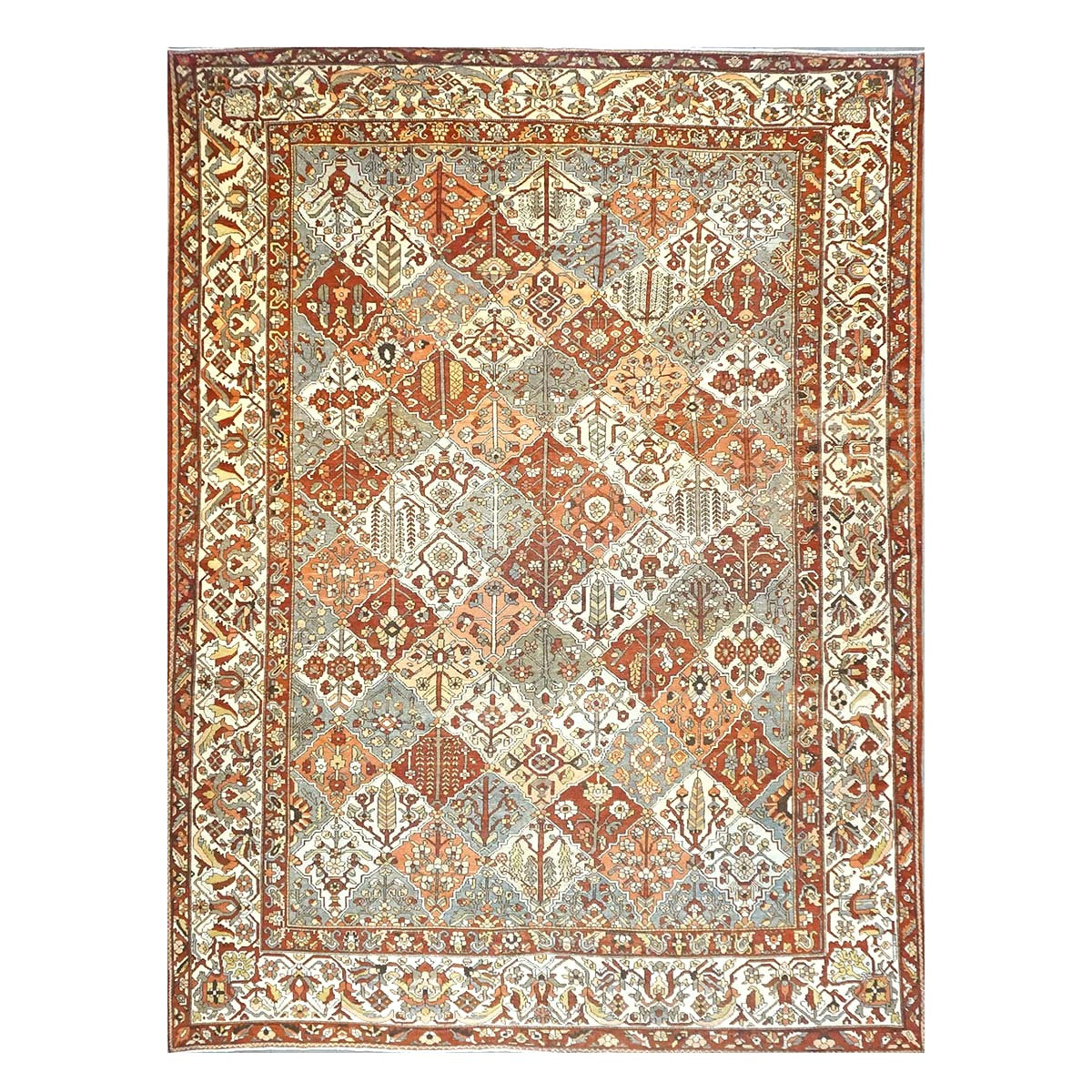Antique Persian Baktiari Wool 12x16 Ivory, Red & Slate Handmade Area Rug #1142573