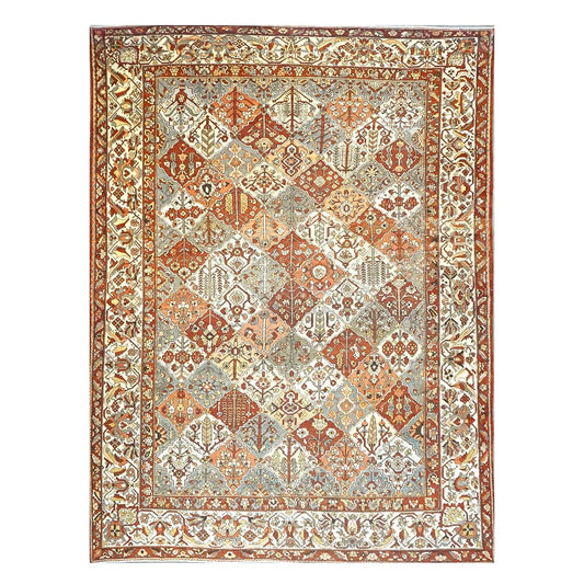 Antique Persian Baktiari Wool 12x16 Ivory, Red & Slate Handmade Area Rug #1142573