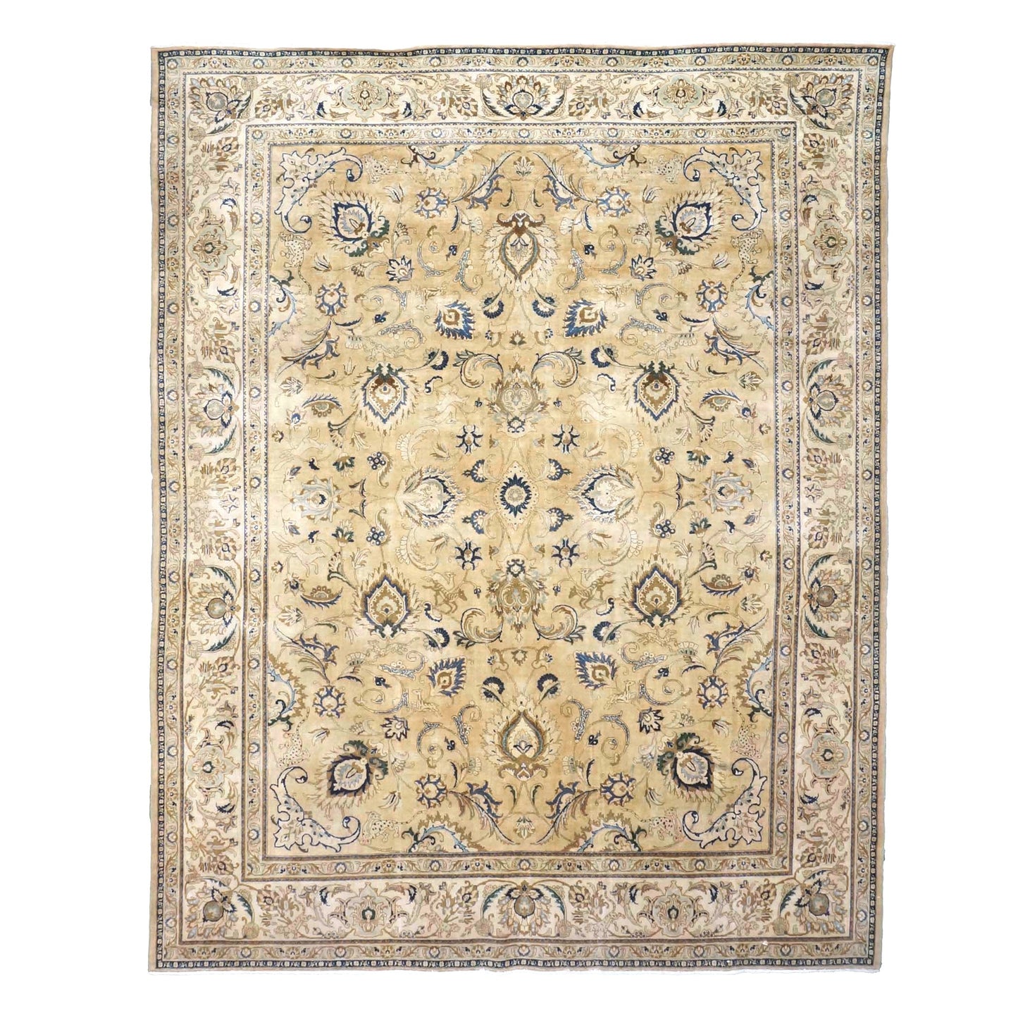Antique Persian Tabriz Wool 10X13 Tan, Ivory & Blue Handmade Area Rug #1142766
