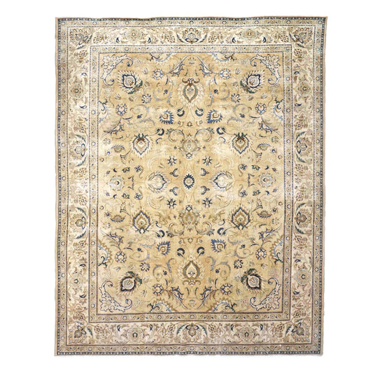 Antique Persian Tabriz Wool 10X13 Tan, Ivory & Blue Handmade Area Rug #1142766