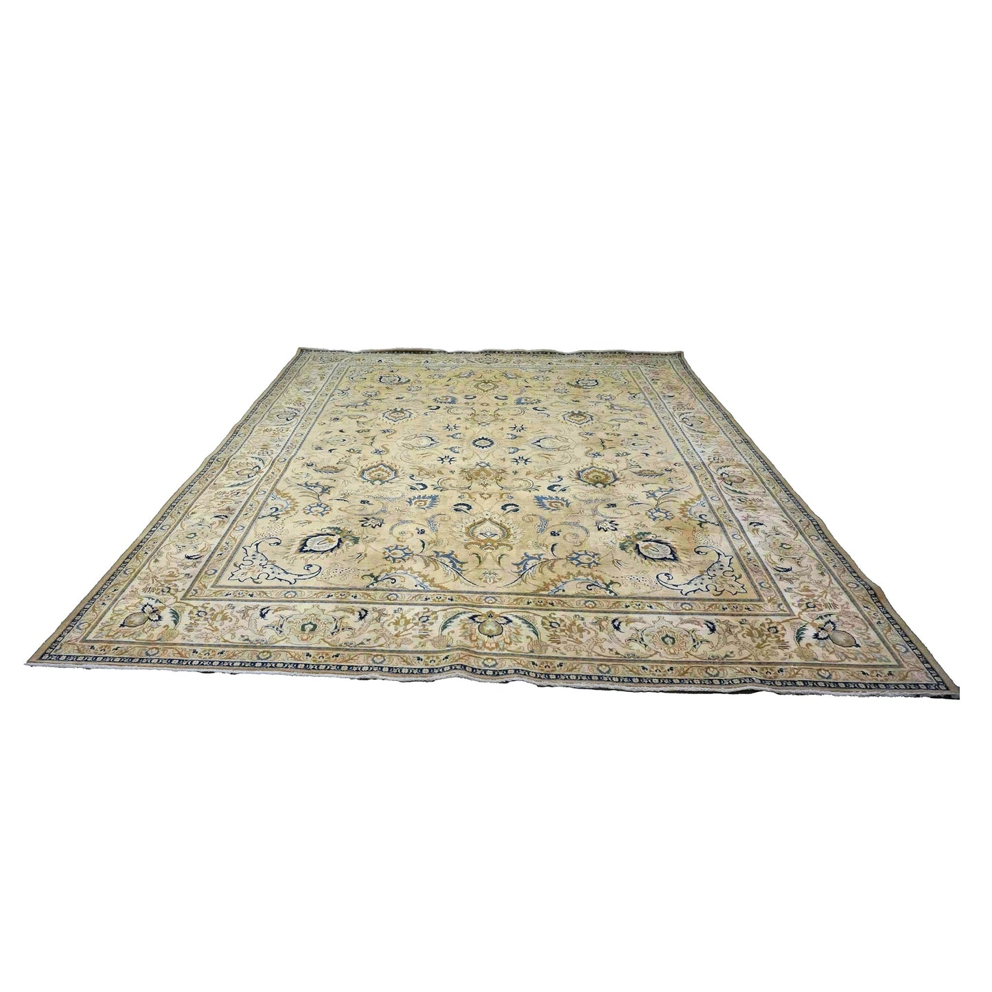 Antique Persian Tabriz Wool 10X13 Tan, Ivory & Blue Handmade Area Rug #1142766