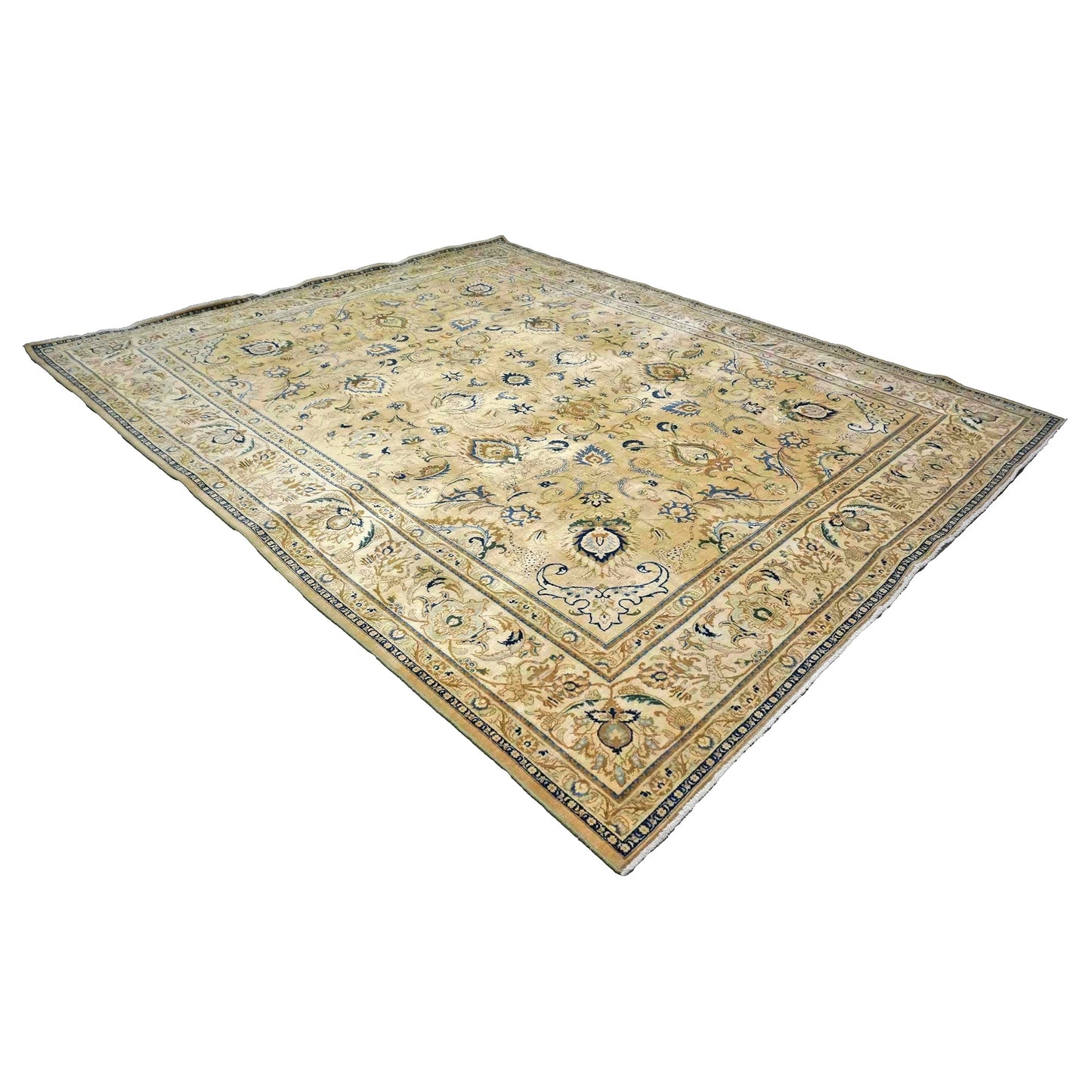 Antique Persian Tabriz Wool 10X13 Tan, Ivory & Blue Handmade Area Rug #1142766